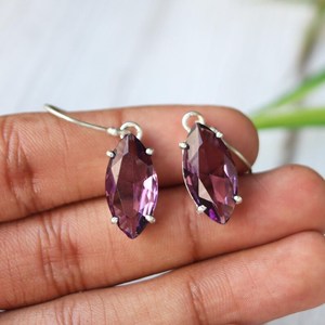 Boucles d'oreilles marquise en améthyste faites à la main, en argent sterling 925, pierres précieuses naturelles, bijoux pendantes élégants, cadeau pour femme - Product Image 2