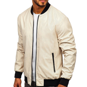 Blouson Bomber Homme Beige en PU, Col Montant, Fermeture Éclair, Couleur Unie, Décontracté, Hiver, Coupe Classique, Respirant, Écoresponsable - Product Image 2