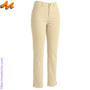 Pantalon décontracté pour femme, coupe régulière, cinq poches, ourlet fendu, tissu respirant, été-printemps, coton élasthanne 6,64 oz - Product Image 2