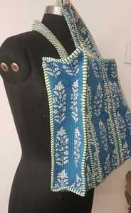 Handmade Cotton Screen Print <b>Quilted</b> Shoulder <b>Tote</b> <b>Bag</b> with Zipper Closure Chains 16x16 Inch Travel <b>Bag</b> From Rajasthan Model 03 - Product Image 3
