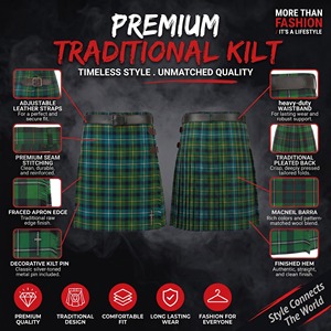 Kilt Escocés Plisado MacNeil Barra para Hombre, Diseño Tartán Antiguo Verde y Amarillo con Cinturón de Cuero - Product Image 6