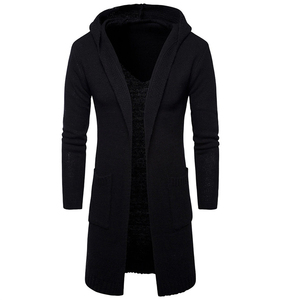 <b>Men's</b> <b>Long</b> Hooded Knit <b>Cardigan</b> Solid Color Full Sleeve V-Neck With Front Pockets Winter Wear Acrylic Material - Product Image 3