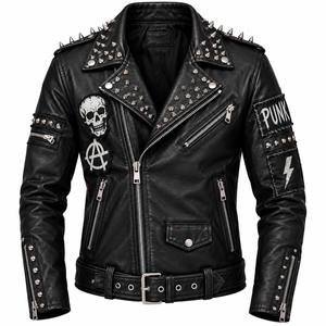 Men <b>Punk</b> Style Black PU Leather Jacket With Skull <b>Patch</b> Rivets Zipper Closure Turn-down Collar Slim Fit - Product Image 3