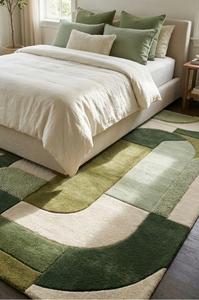 Modern Abstract Block Patchwork Wool Anti-Slip Medium Pile Cotton Canvas Backing Tufted Area Rug Olive Sage <b>Green</b> Cream Multi - Product Image 2