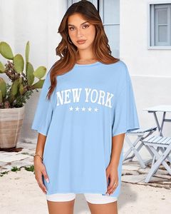 T-shirt décontracté en jersey de coton bleu clair à col rond et manches courtes pour femme, coupe ample, avec imprimé étoile de New York, idéal printemps-été - Product Image 2