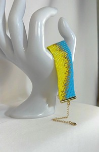 Handmade Beaded Cuff Bracelet Blue Yellow Gold Pattern Fashionable Artisan Jewelry Promotional Novelty <b>Gift</b> - Product Image 5