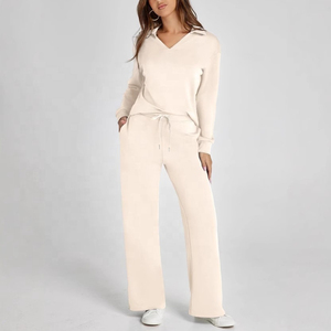 <b>Women's</b> Green <b>V</b>-<b>Neck</b> <b>Sweatshirt</b> Tracksuit Full Sleeve Solid Color Loose Fit Casual Autumn Wear With Side Pockets Elastic Waist - Product Image 2