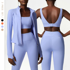 Ensemble de yoga 3 pièces pour femme en Spandex/Nylon, col en V profond, taille haute, avec soutien-gorge côtelé sans couture, leggings longueur cheville et veste à manches longues - Product Image 1