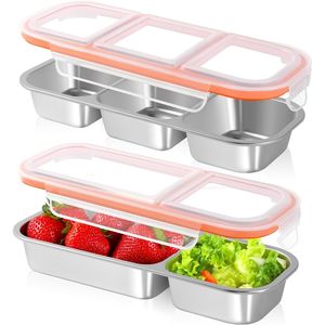 Set di 2 Contenitori per Pranzo Riutilizzabili in Acciaio Inox con 3 Scomparti e 2 Scomparti per Condimenti con Coperchi per Conservazione Alimenti - Product Image 1