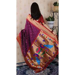 Sari de Seda Bandhani Paithani para Mujer, Tejido con Zari, para Bodas y Fiestas, con Blusa Elegante - Product Image 4