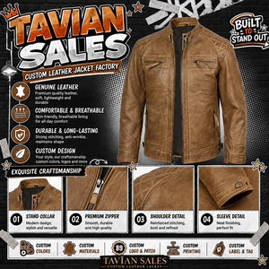 Veste moto en cuir véritable marron pour homme, col montant, fermeture éclair, coupe classique, pour l'automne - Product Image 6