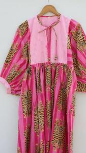 Vestido midi con estampado de tigre y bloques de color para mujer, cuello profundo con lazo, estilo bohemio, de algodón, informal, para verano. - Product Image 4