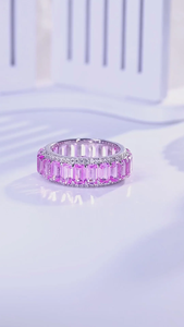Women's 925 <b>Silver</b> Rhodium Plated Morganite Eternity Band <b>Ring</b> <b>Emerald</b> Cut Channel Setting Luxury Fine Jewelry - Product Image 2