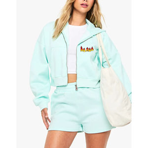 Conjunto de Sudadera con Capucha de Algodón Suave de Alta Calidad Personalizada para Mujer, con Logotipo de Encaje Estampado en Relieve, Cremallera Corta, Ecológico, 2 Piezas - Product Image 1