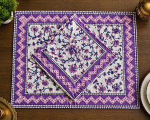Ensemble de sets de table en coton blanc imprimé au bloc à la main Bagru violet, couleur végétale, qualité export, lavable, collection chef-d'œuvre - Product Image 2