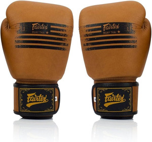 Gants de boxe en cuir véritable marron vintage de qualité supérieure, imprimés rayés, pour entraînement professionnel, Muay Thai, sparring, avec fermeture auto-agrippante - Product Image 2