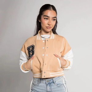 Chaqueta Varsity Corta Personalizada para Mujer, Estilo Béisbol, Chaqueta Universitaria, OEM ODM, Tejido de Lana Teñido Resistente al Viento - Product Image 6