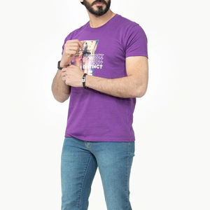 T-shirt pour homme à manches courtes et col rond, violet, avec motif imprimé photo sur le devant, coupe décontractée, jersey en coton tricoté - Product Image 3