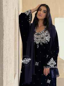 Women's Modest Simple Solid Velvet <b>Kaftan</b> Abaya Eco-Friendly All Seasons Light Beaded Floor-Length A-Line <b>Long</b> Sleeve Built-in - Product Image 4