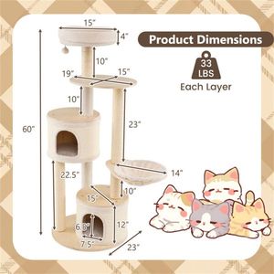 60-Inch Tall Wooden <b>Cat</b> Tree <b>Tower</b> with Multi-Level Condos and Sisal <b>Scratching</b> Posts for Indoor <b>Cats</b> Natural Looking - Product Image 4