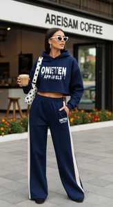 ONETEN APPARELS Women's Navy Blue <b>Cropped</b> Hoodie Wide Leg <b>Joggers</b> Set Full Sleeve Print Streetwear Tracksuit Loose Fit 2 1 100% - Product Image 4