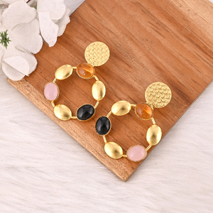Designer Citrine Hydro & <b>Black</b> Onyx & Rose Chalcedony <b>Dangle</b> <b>Earrings</b> Handmade Fashion Jewelry for Women Brass Gold Plated - Product Image 3
