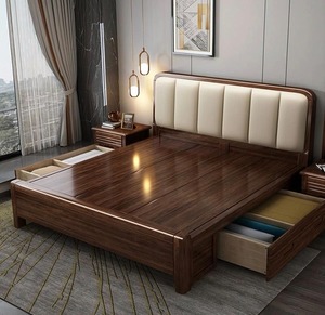 Lit simple king size en bois massif, minimaliste, avec rangement double, panneau en cuir souple, mobilier de chambre personnalisable, matériaux métalliques - Product Image 1