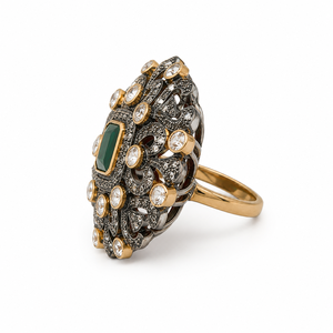 Treated Natural Emerald Cut Cocktail Ring | 925 Silver 18K Gold Plated | Emerald <b>Oxidized</b> Finish | Indian Bridal Engagement Gift - Product Image 2