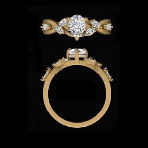 Anillo de compromiso con diamante en forma de pera, banda de oro amarillo con racimo de marquesas, piedras redondas de 1.07 quilates, joyería nupcial fina, regalo. - Product Image 3