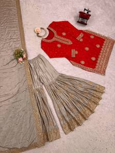 Heavy Embroidered Chinon Silk Quick Dry Indian Pakistani Set <b>Women</b> <b>Kurta</b> Sharara Dupatta Ethnic Wear Wedding Party Outfit - Product Image 3