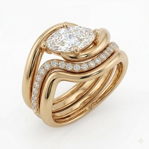 Ensemble de bagues de mariage de luxe plaqué or 18 carats avec diamant de laboratoire taille marquise unique, bande ondulée incurvée, certifié IGI - Product Image 6