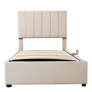 Letto matrimoniale imbottito beige con piattaforma e sistema di stoccaggio idraulico - Product Image 3