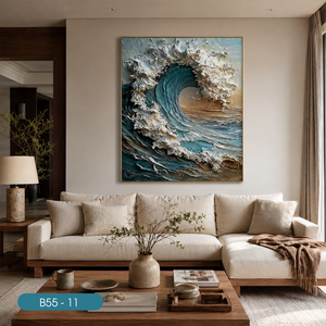 Peinture murale en soie artisanale de luxe, design vagues bruyantes, décoration intérieure blanche, Vietnam OEM ODM - Product Image 3