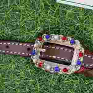 Conjunto de cabezada y pechera Western, diseño de bandera en cuero marrón, detalles trenzados - Product Image 4