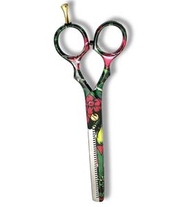 Juego de Tijeras de Peluquería Profesionales de 5.5 Pulgadas, Diseño de Flor Negra, Tijeras para Cortar y Entresacar Cabello, Reposa Dedos Dorado y Tornillo - Product Image 3