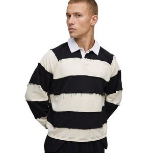 Camiseta de Rugby Personalizada con Logotipo de Marca, Cuello Blanco en Contraste, con Rayas Desgastadas, 100% Algodón, Estilo Vintage para Hombre - Product Image 3