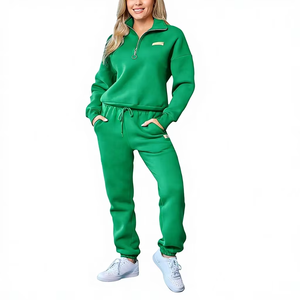 Ensemble de survêtement 2 pièces respirant 100 % coton pour femme avec pull demi-zip et pantalon de jogging pour l'automne - Product Image 2
