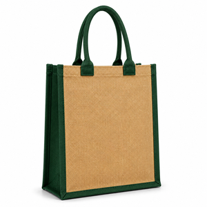 Jute Shopping <b>Bag</b> <b>Medium</b> <b>Size</b> Tree Pattern Green Handles Button Closure Groceries Tote - Product Image 6