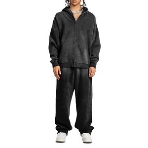 Top qualité 350Gsm Streetwear lavé à l'acide zippé blanc surdimensionné fermeture éclair hommes pantalons de survêtement et sweat à capuche ensemble pour hommes 2026 - Product Image 2