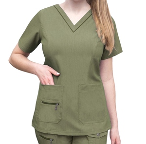 Blusa Sanitaria Morada de Cuello en V para Mujer con Bolsillos, Tejido Elástico de Spandex/Poliéster, Uniforme Hospitalario, Detección de Agujas, Fusión sin Costuras - Product Image 3