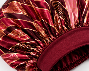 Bonnet de nuit en satin pour femme, motif géométrique, imprimé doré bordeaux, élastique réglable 56-58CM, style tendance, usage domestique - Product Image 5