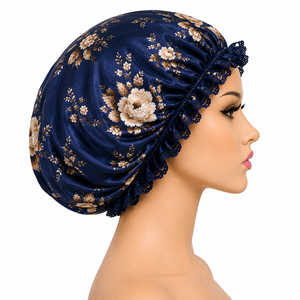 Bonnet de nuit en satin pour femmes, motif floral bleu, élastique réglable, bonnet pour cheveux, usage domestique, 54-56 cm, style européen - Product Image 2