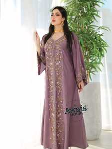 Awais House Women's Purple Embroidered Abaya V Neck Long Sleeve Floor Length Modest Dress Floral Pattern Rayon Material - Product Image 4