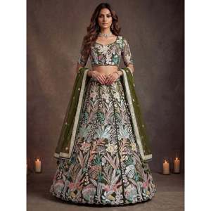 Adorning Green <b>Sequins</b> Net Reception Wear Lehenga Choli with Dupatta - Product Image 6