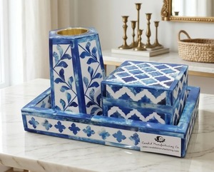 Ensemble brûle-encens Bakhoor en résine bleu et blanc avec incrustation de os, plateau porte-encens, décoration islamique pour la maison, coffret cadeau - Product Image 4