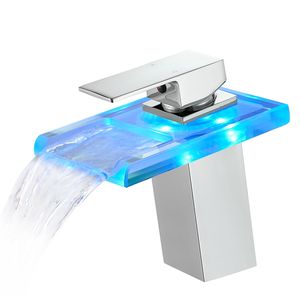 Rubinetto per Lavabo Bagno con Luce LED, 3 Colori Cangianti, Cascata in Vetro, Miscelatore Acqua Calda e Fredda, Monocomando da Appoggio - Product Image 2