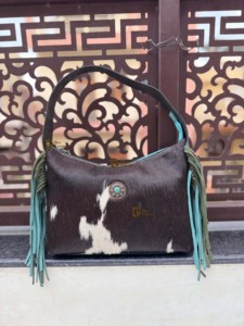 Western Pattern Cowhide Leather Fringe Handmade Turquoise <b>Colour</b> Shoulder <b>Bag</b> Boho Fashion Hand Tooling Women's Zipper Closure - Product Image 1