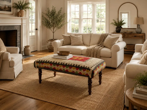 Boho Kilim Handwoven <b>Wool</b> Jute Bench Rustic <b>Wooden</b> Entryway Seating Upholstered Farmhouse Hallway Furniture Vintage Accent Seat - Product Image 4