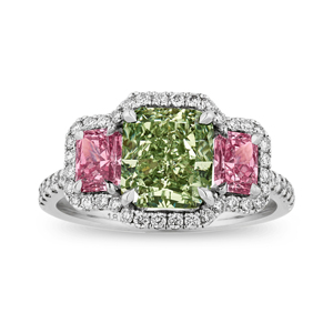 Bague de luxe en or 18 carats avec trois pierres, diamant vert taille émeraude et saphirs roses, bijoux de fiançailles pour femme - Product Image 1