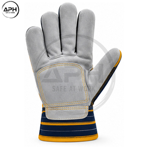 Gants de travail en cuir gris, paume marine, dos en tissu bleu marine, bordure jaune, doigts entiers, poignet large, personnalisables pour usage industriel - Product Image 4